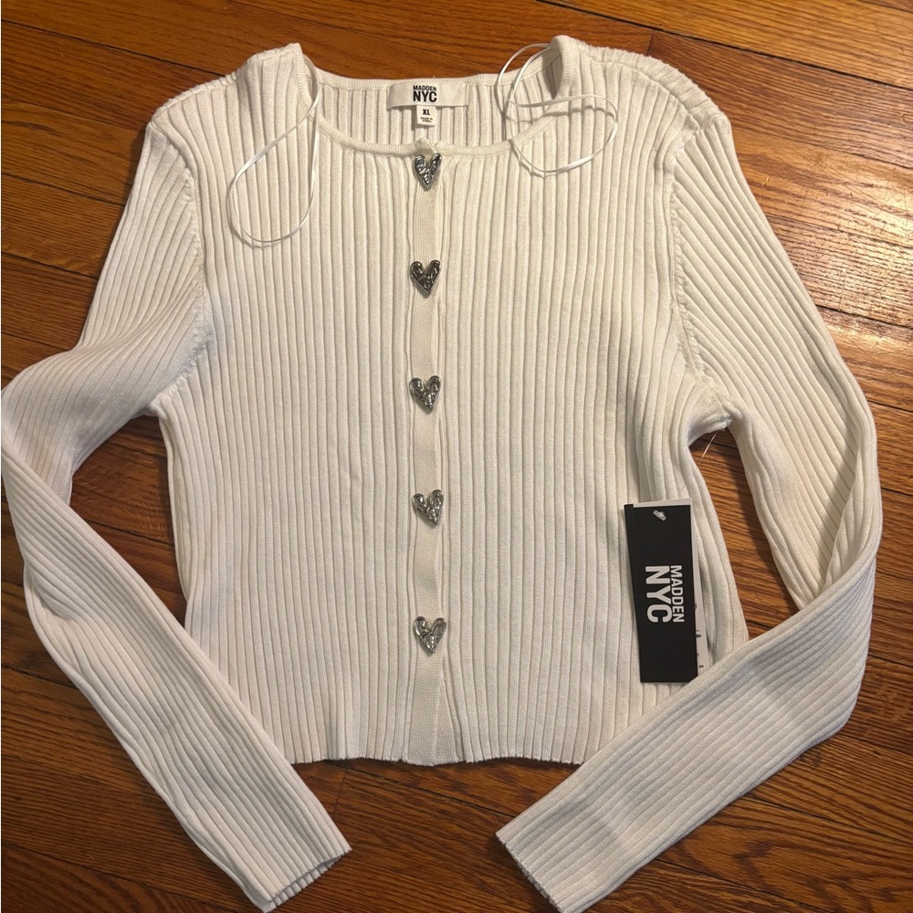 Ribbed Cream Cardigan with Heart Buttons women’s sz XL